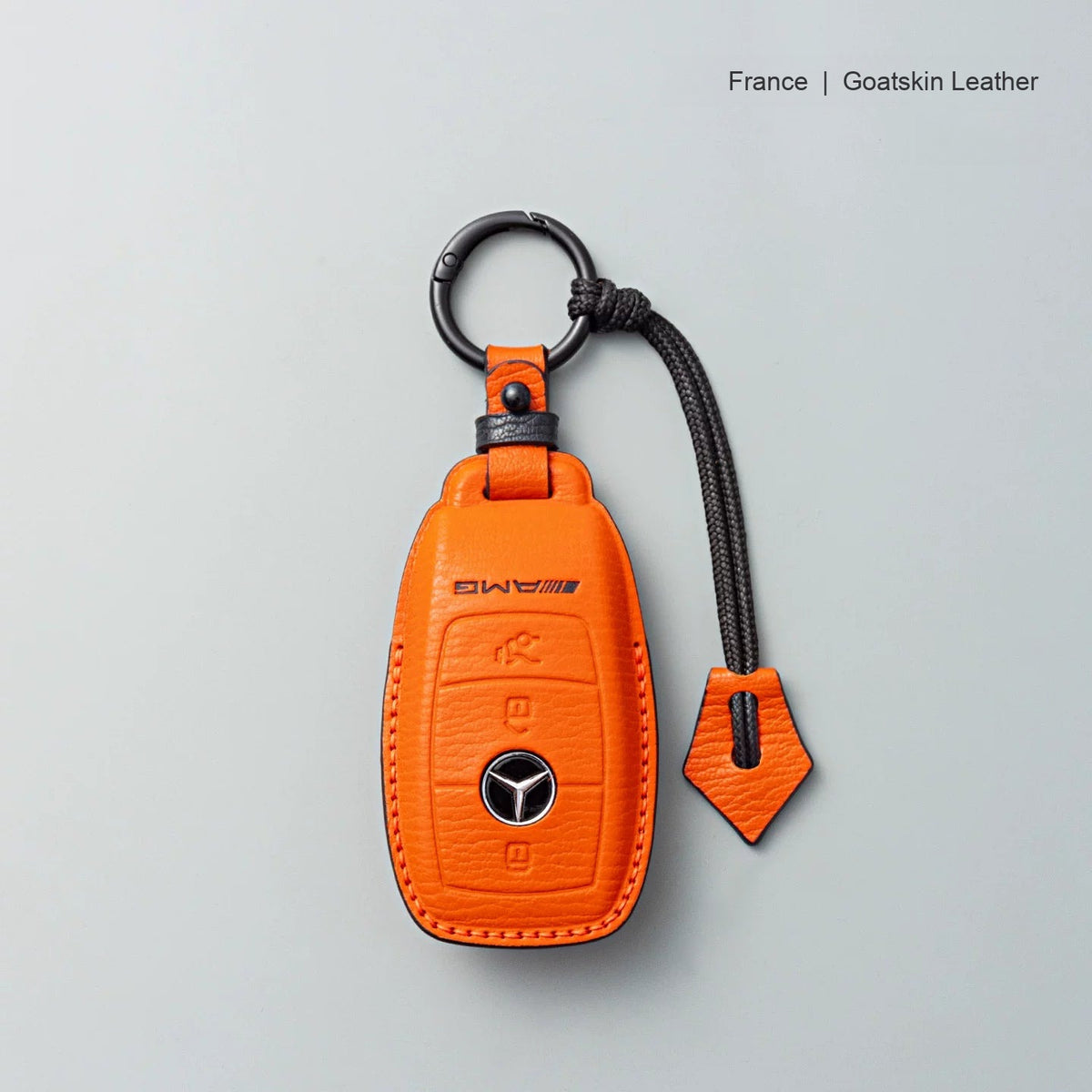 Mercedes-Benz goatskin leather key case, Style A, Vivid Orange, Key Ring + Lanyard