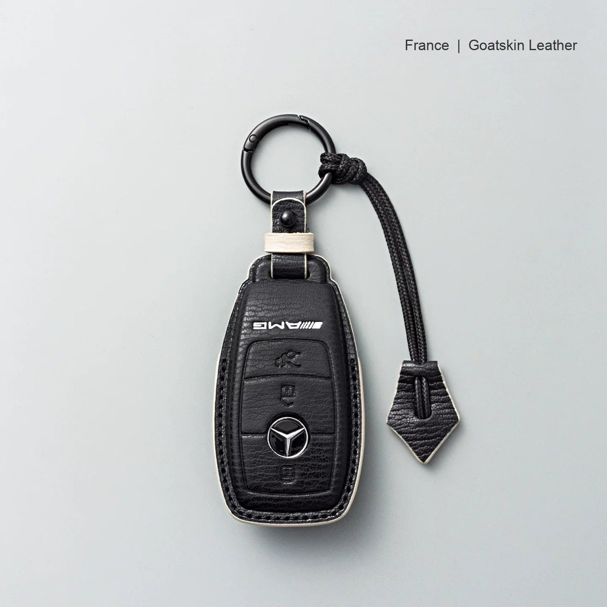 Mercedes-Benz goatskin leather key case, Style A, Black with White, Key Ring + Lanyard