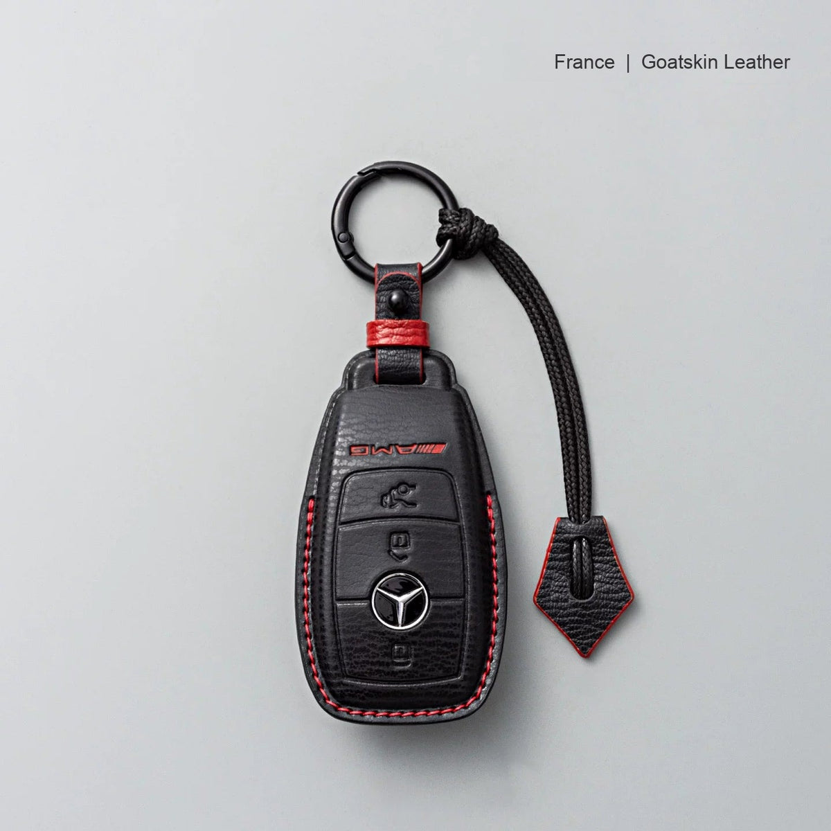 Mercedes-Benz goatskin leather key case, Style A, Black with Red, Key Ring + Lanyard