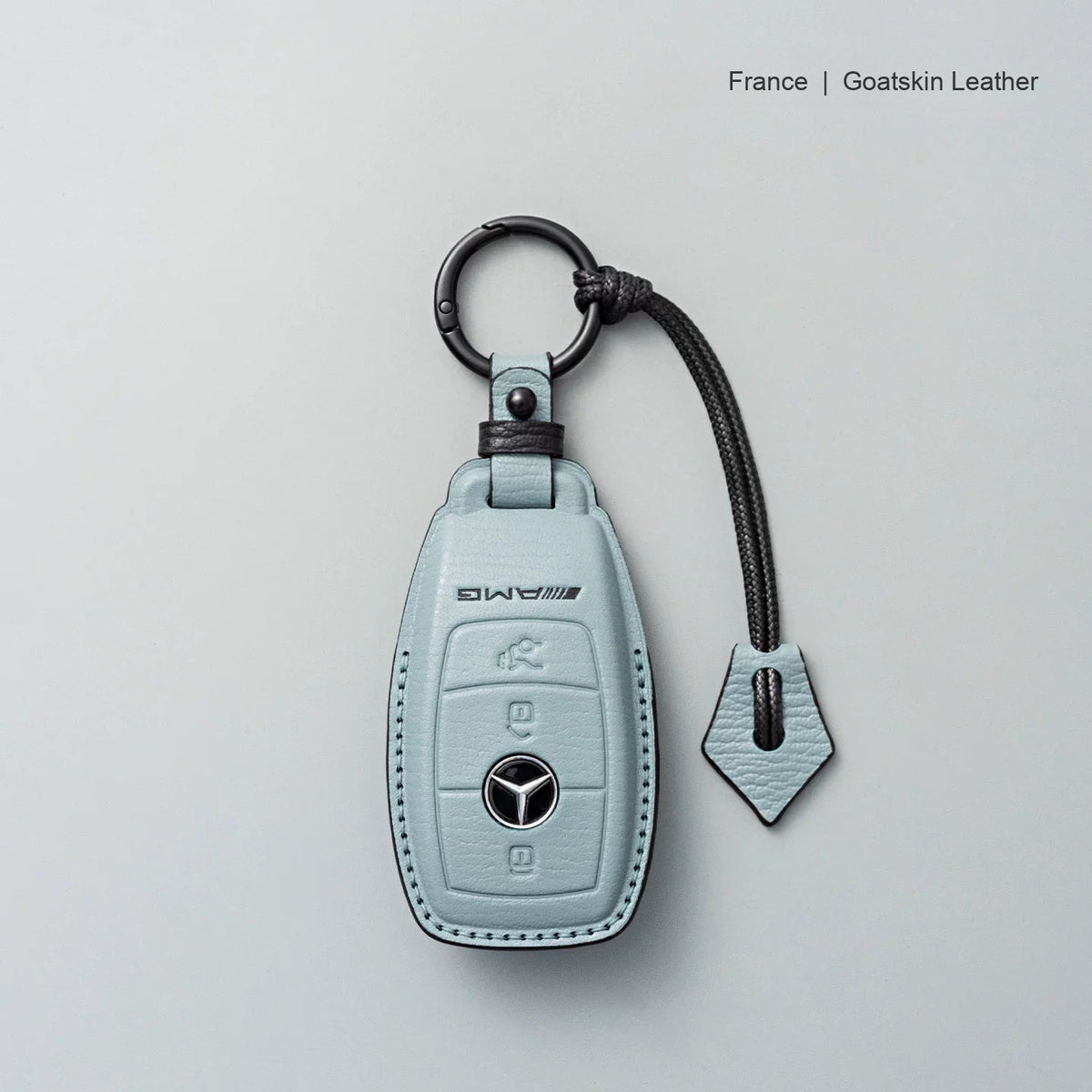 Mercedes-Benz goatskin leather key case, Style A, Mist Blue, Key Ring + Lanyard