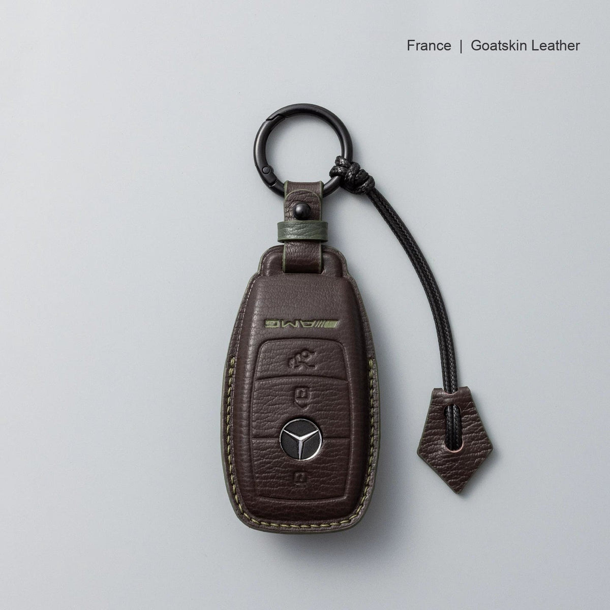 Mercedes-Benz goatskin leather key case, Style A, Mocha Brown, Key Ring + Lanyard