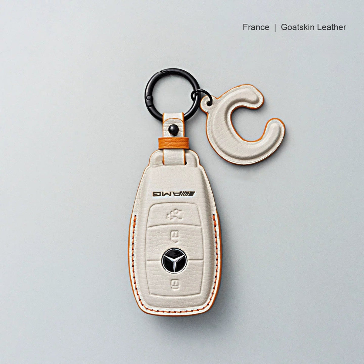 Mercedes-Benz goatskin leather key case, Style A, Cream White, Key Ring + Initial Letter Charm