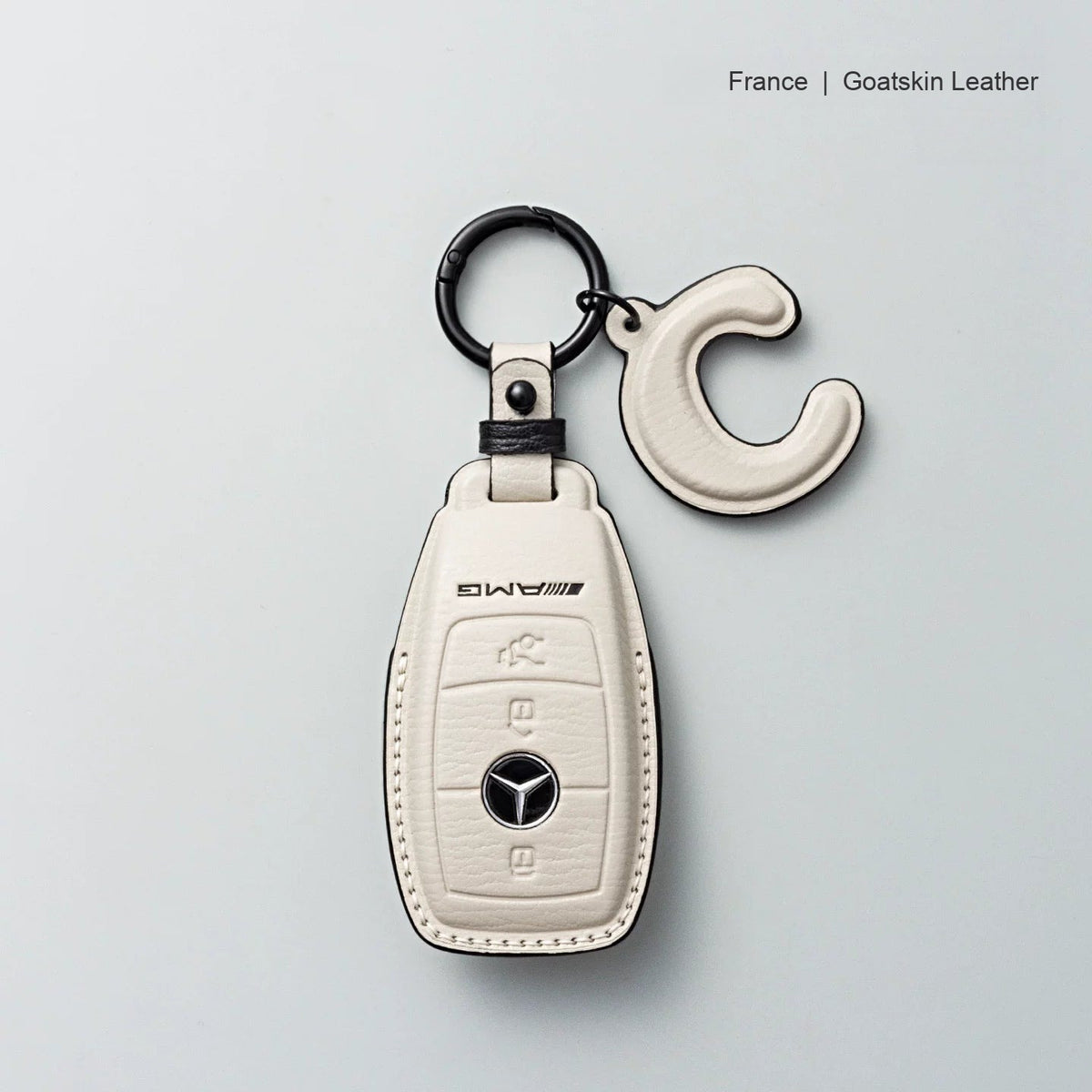 Mercedes-Benz goatskin leather key case, Style A, White with Black, Key Ring + Initial Letter Charm