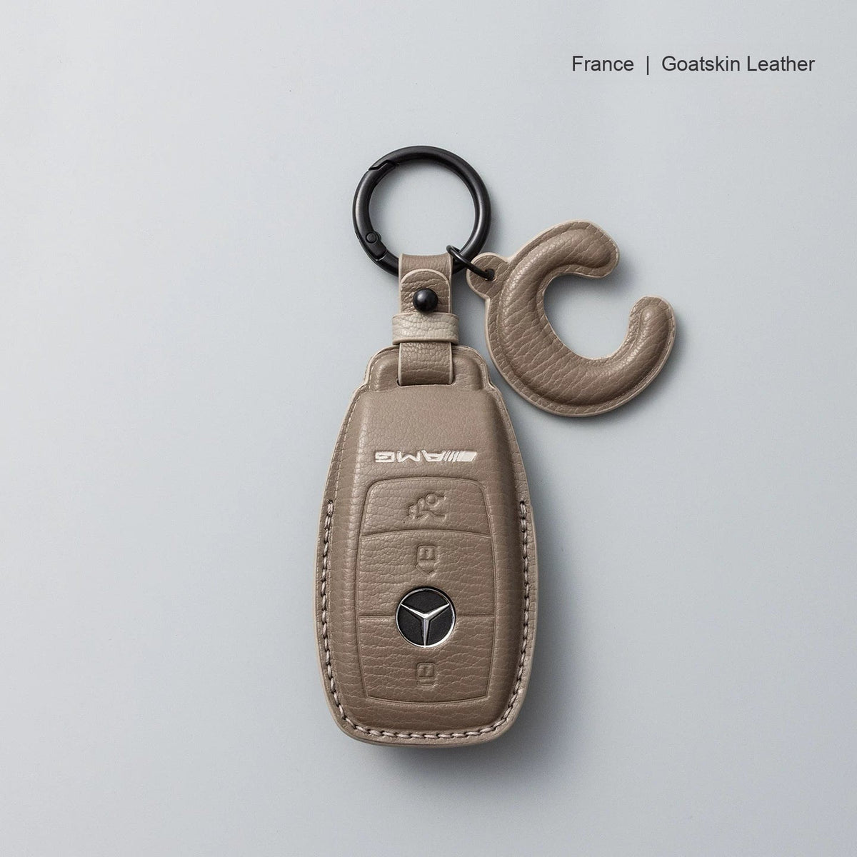 Mercedes-Benz goatskin leather key case, Style A, Taupe, Key Ring + Initial Letter Charm
