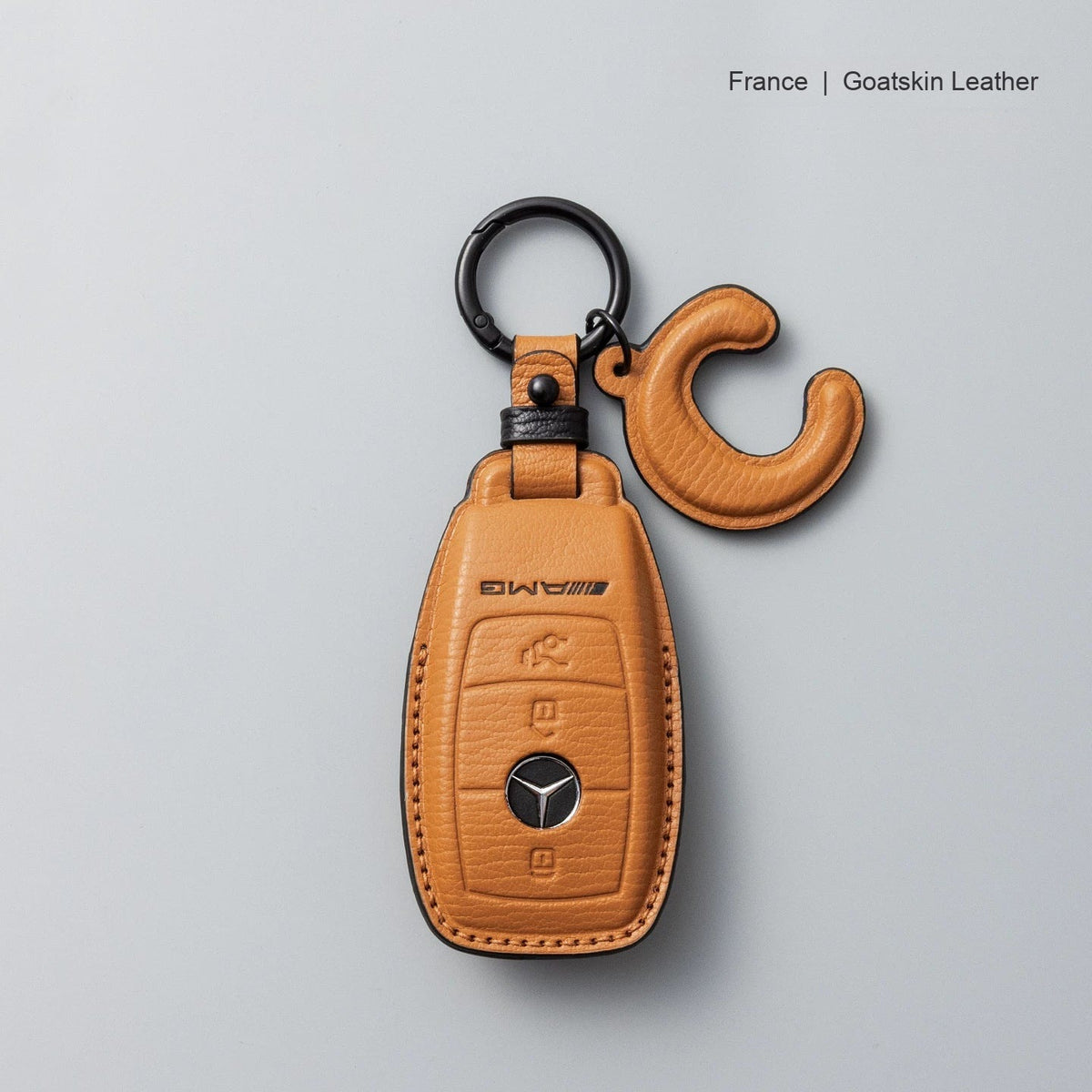 Mercedes-Benz goatskin leather key case, Style A, Caramel Brown, Key Ring + Initial Letter Charm