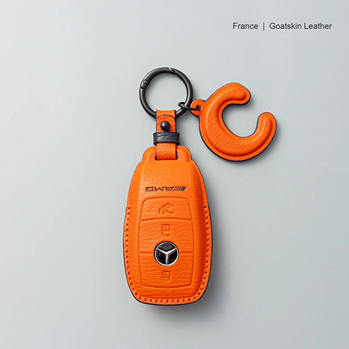 Mercedes-Benz goatskin leather key case, Style A, Vivid Orange, Key Ring + Initial Letter Charm