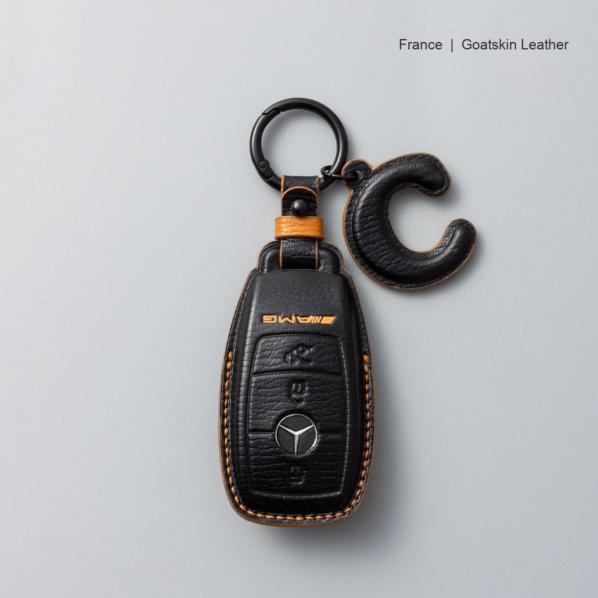 Mercedes-Benz goatskin leather key case, Style A, Black with Tan, Key Ring + Initial Letter Charm