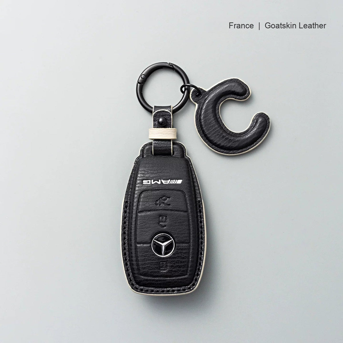 Mercedes-Benz goatskin leather key case, Style A, Black with White, Key Ring + Initial Letter Charm