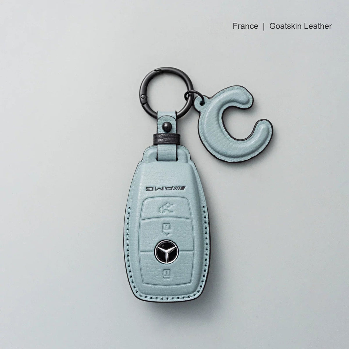 Mercedes-Benz goatskin leather key case, Style A, Mist Blue, Key Ring + Initial Letter Charm