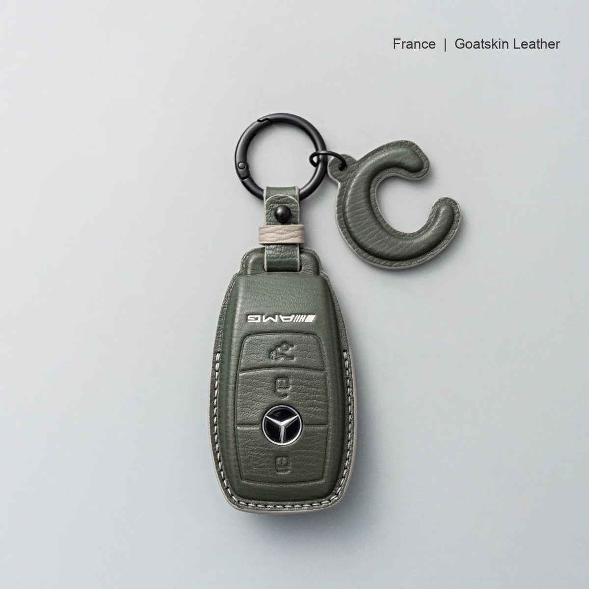 Mercedes-Benz goatskin leather key case, Style A, Olive Green, Key Ring + Initial Letter Charm