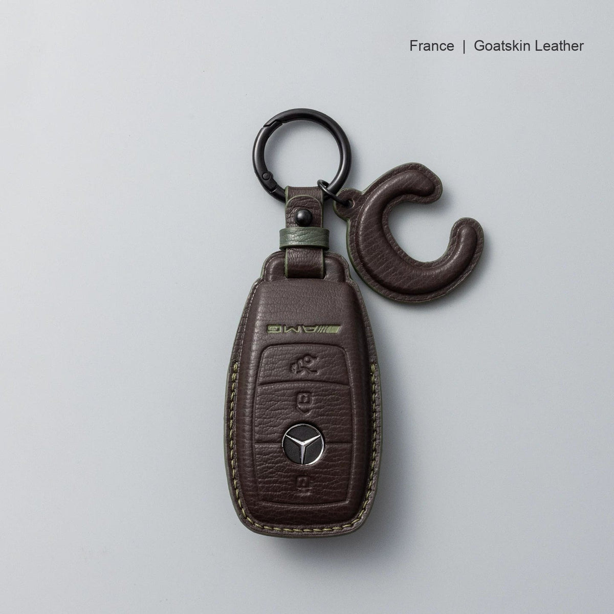 Mercedes-Benz goatskin leather key case, Style A, Mocha Brown, Key Ring + Initial Letter Charm