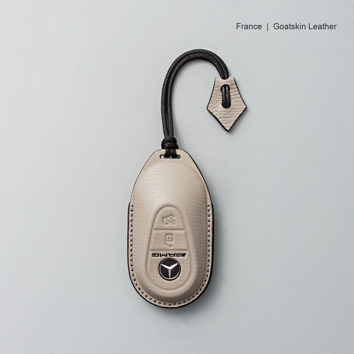 Mercedes-Benz goatskin leather key case, Style B, Gray with Black, Lanyard Strap