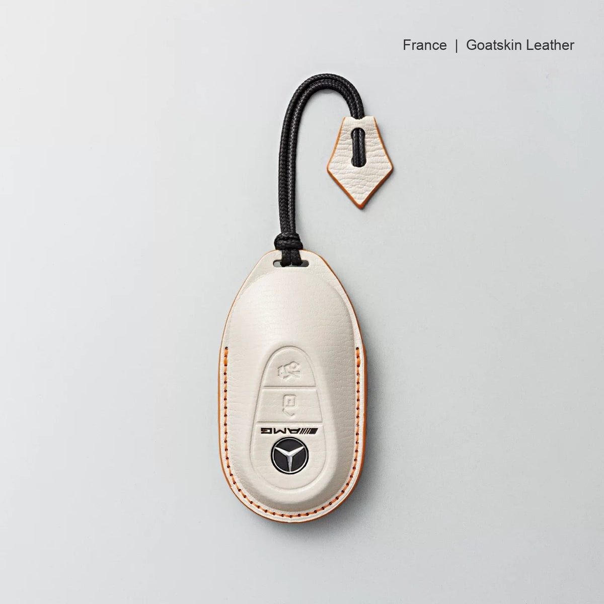 Mercedes-Benz goatskin leather key case, Style B, Cream White, Lanyard Strap