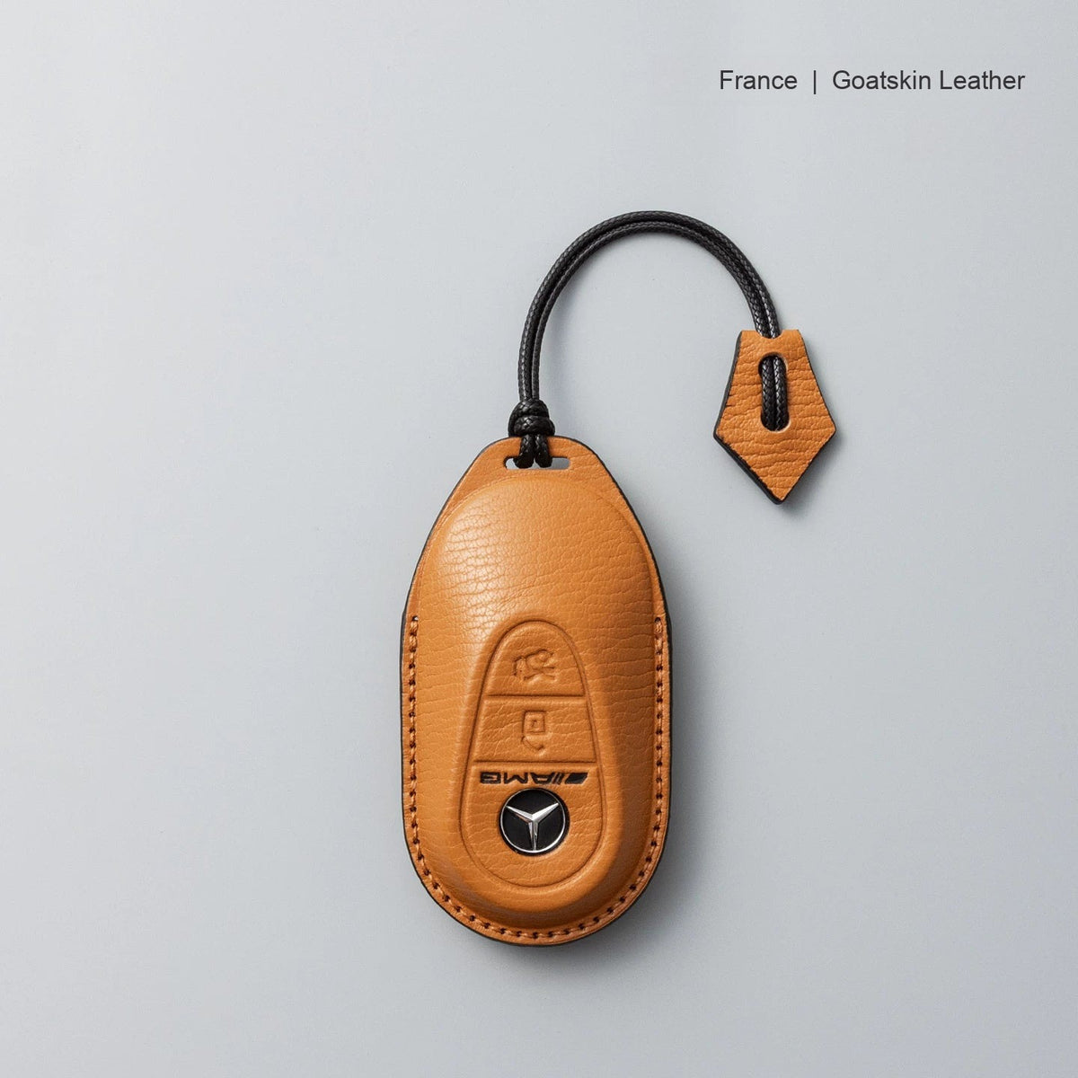 Mercedes-Benz goatskin leather key case, Style B, Caramel Brown, Lanyard Strap
