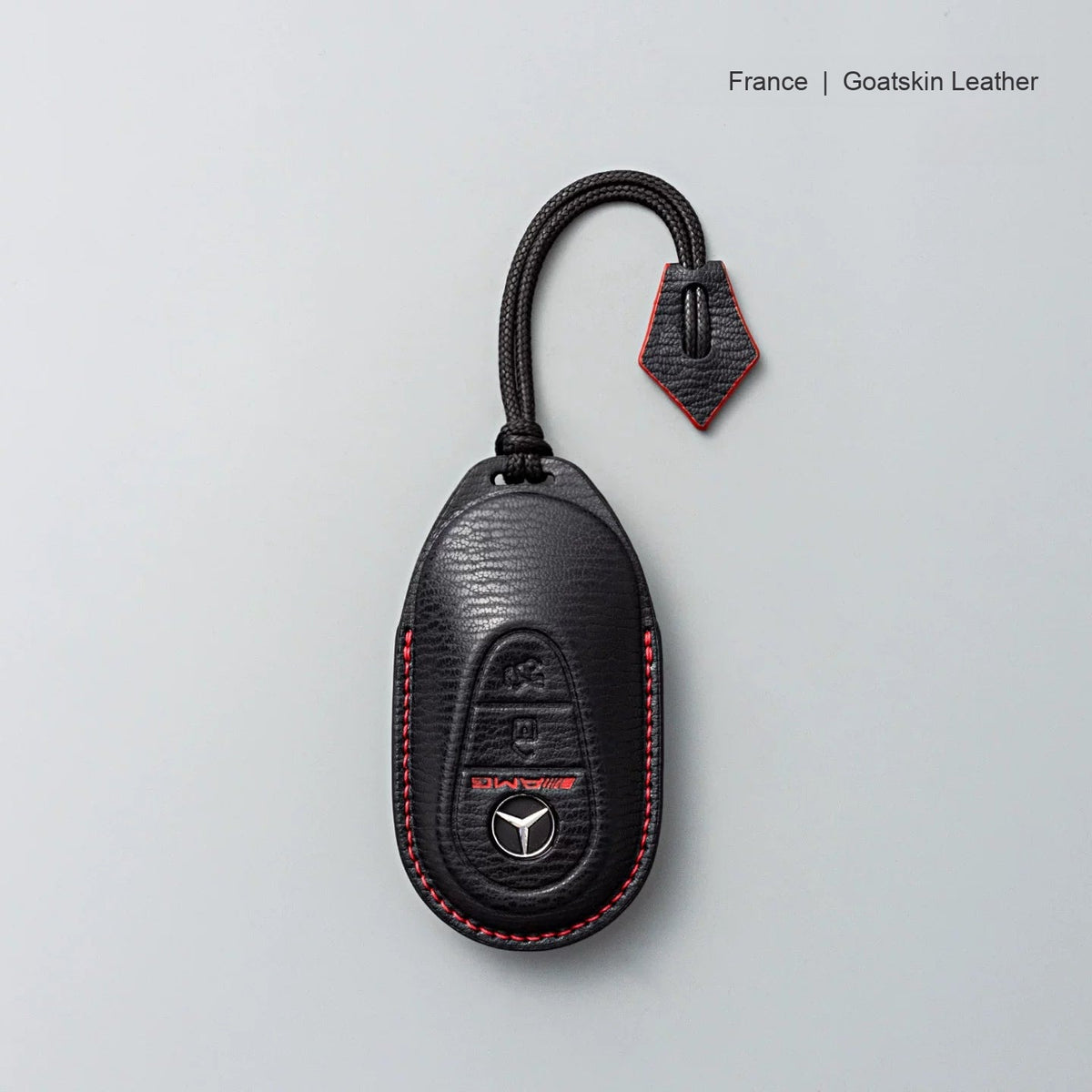 Mercedes-Benz goatskin leather key case, Style B, Black with Red, Lanyard Strap