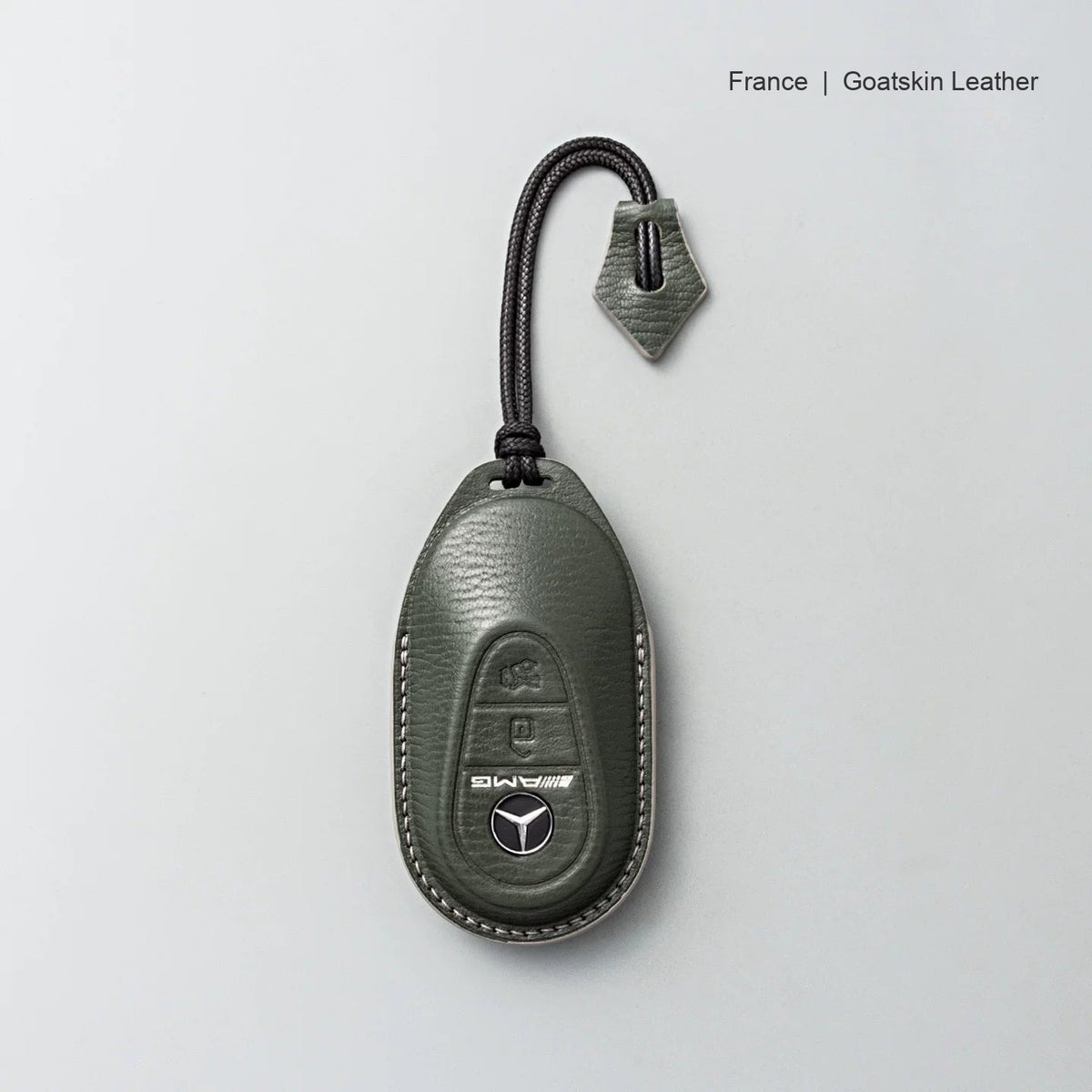 Mercedes-Benz goatskin leather key case, Style B, Olive Green, Lanyard Strap