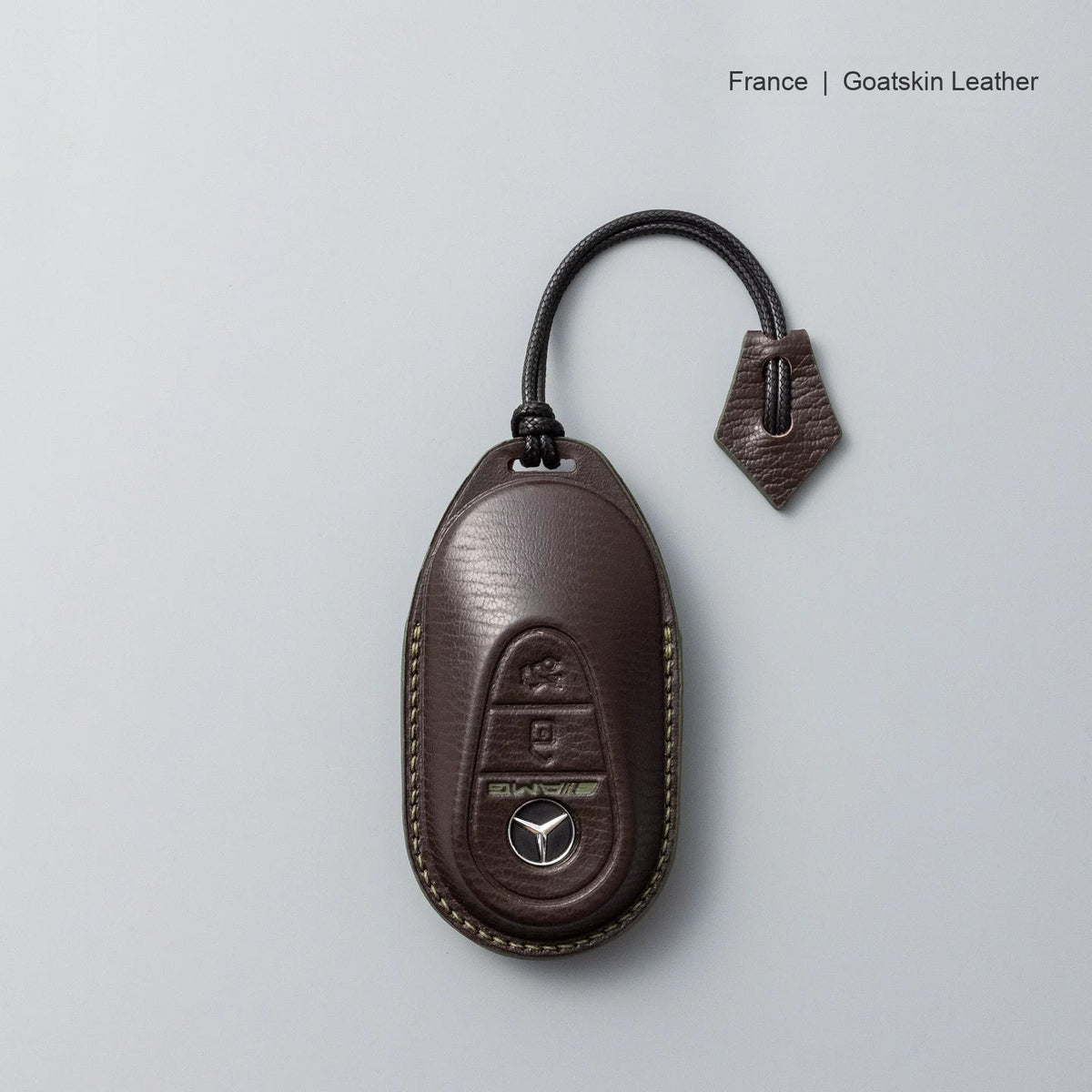 Mercedes-Benz goatskin leather key case, Style B, Mocha Brown, Lanyard Strap