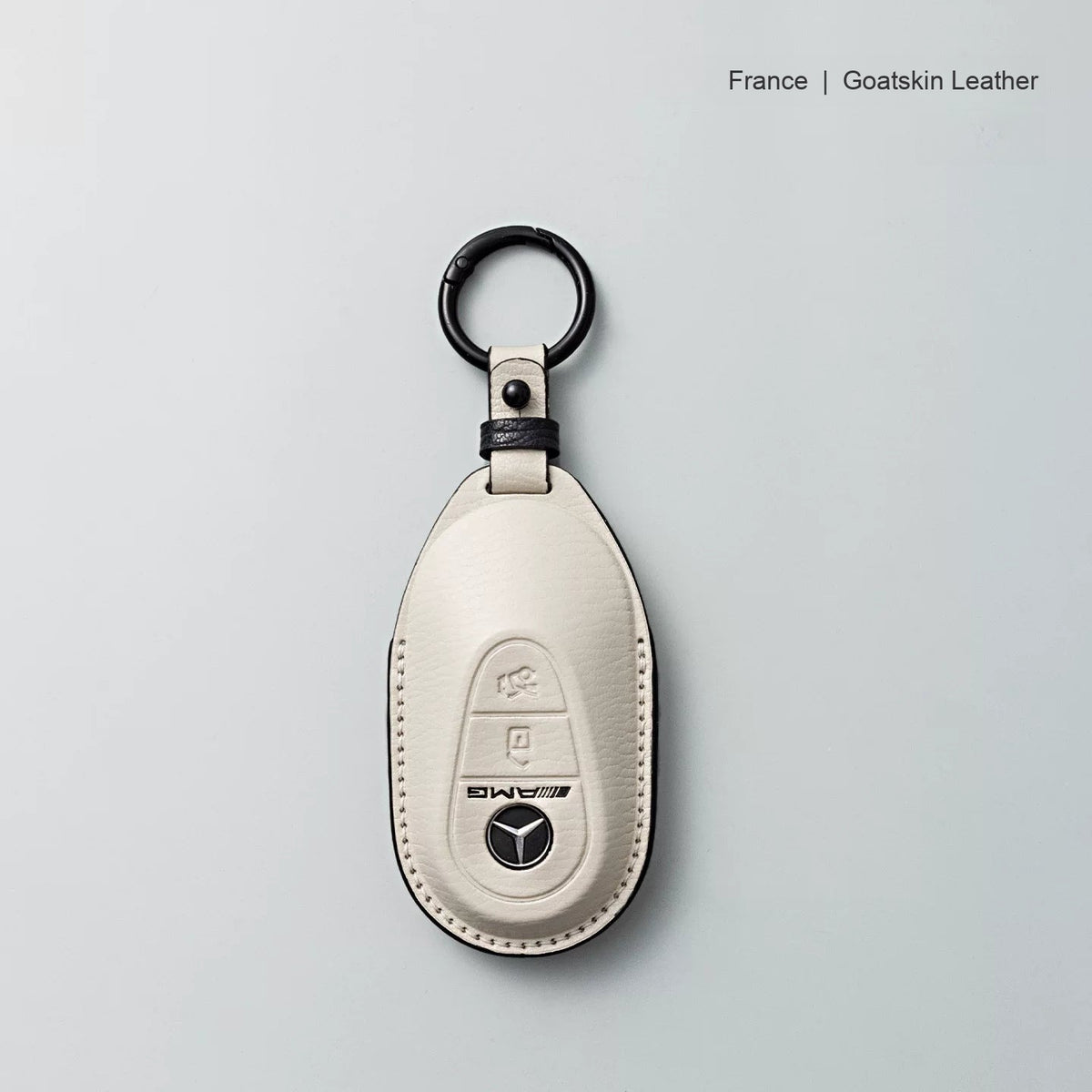 Mercedes-Benz goatskin leather key case, Style B, White with Black, Key Ring