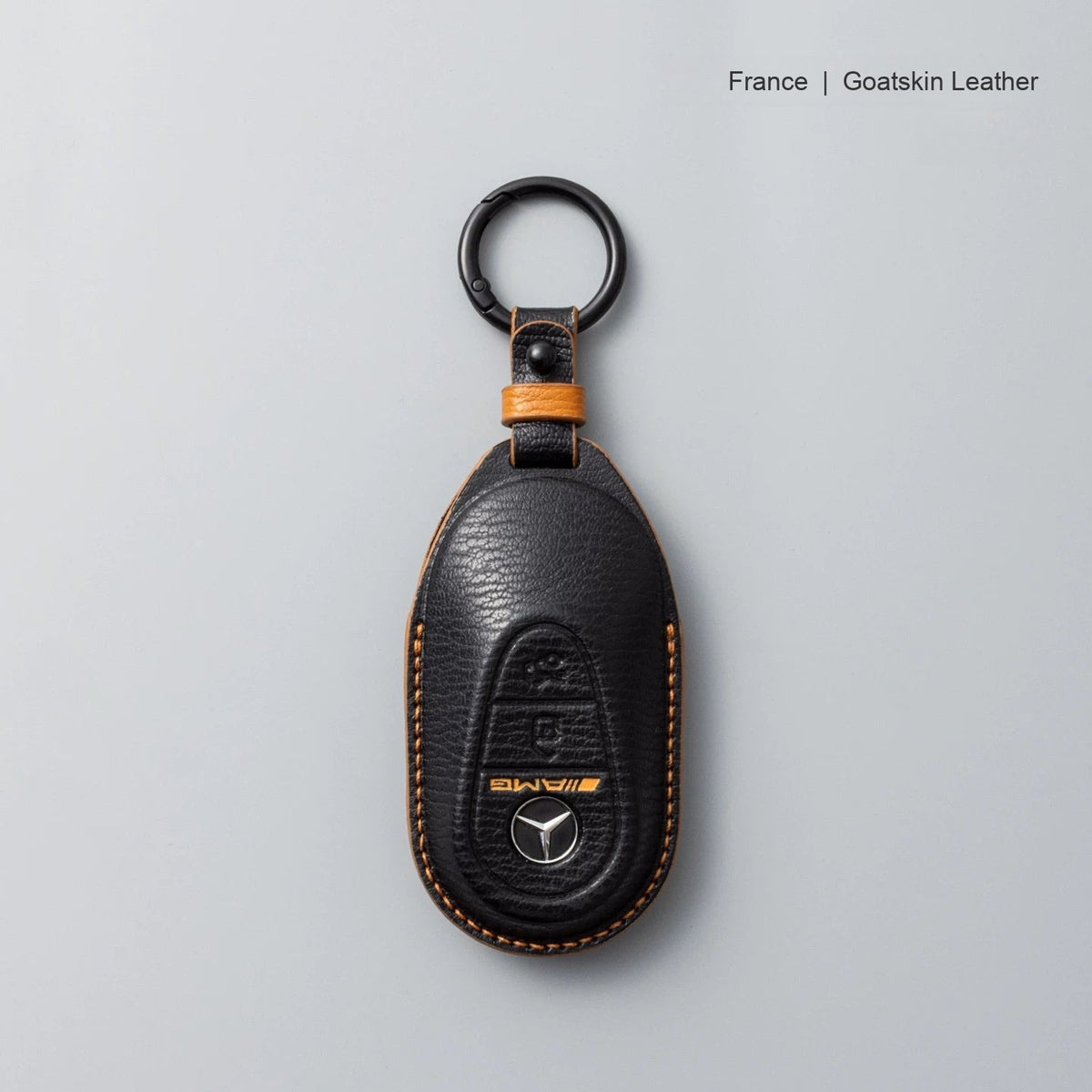 Mercedes-Benz goatskin leather key case, Style B, Black with Tan, Key Ring