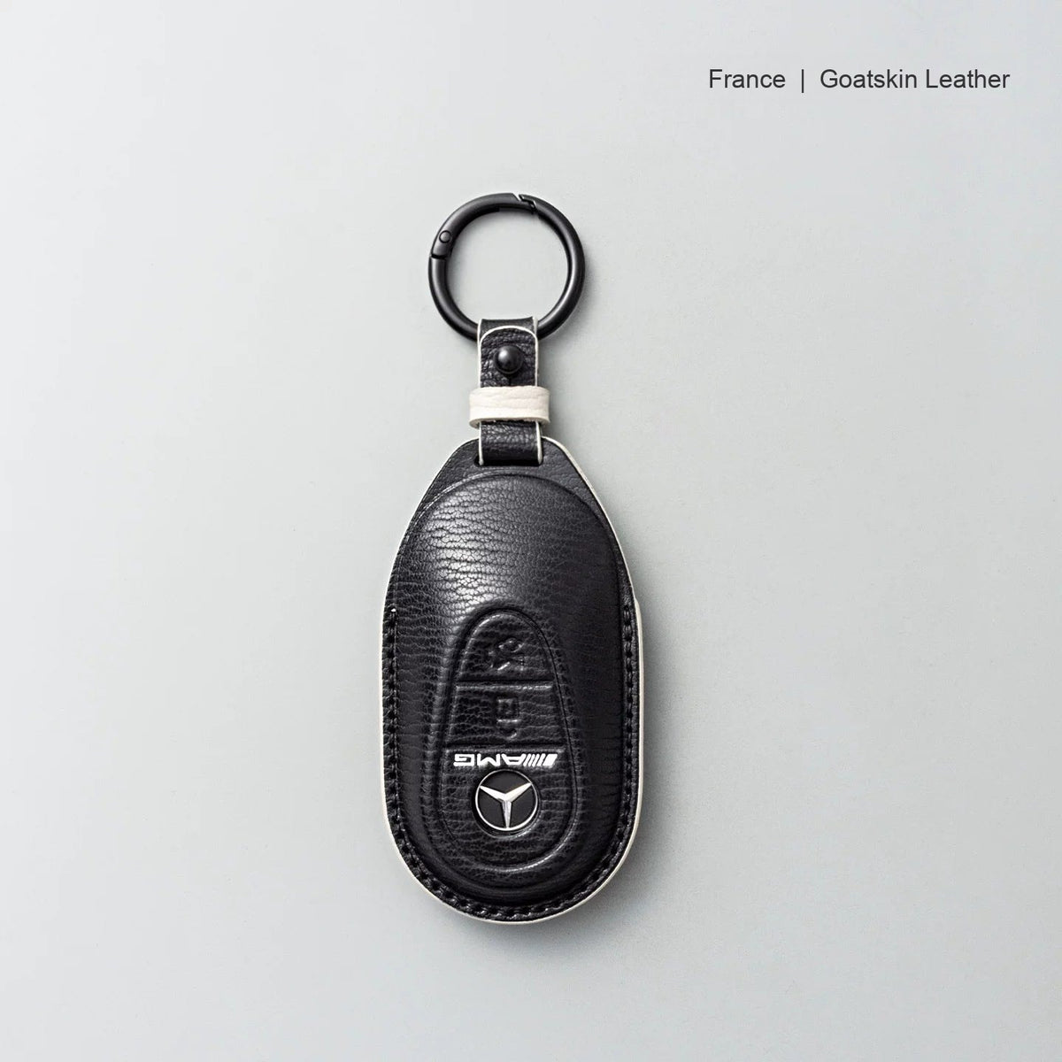 Mercedes-Benz goatskin leather key case, Style B, Black with White, Key Ring