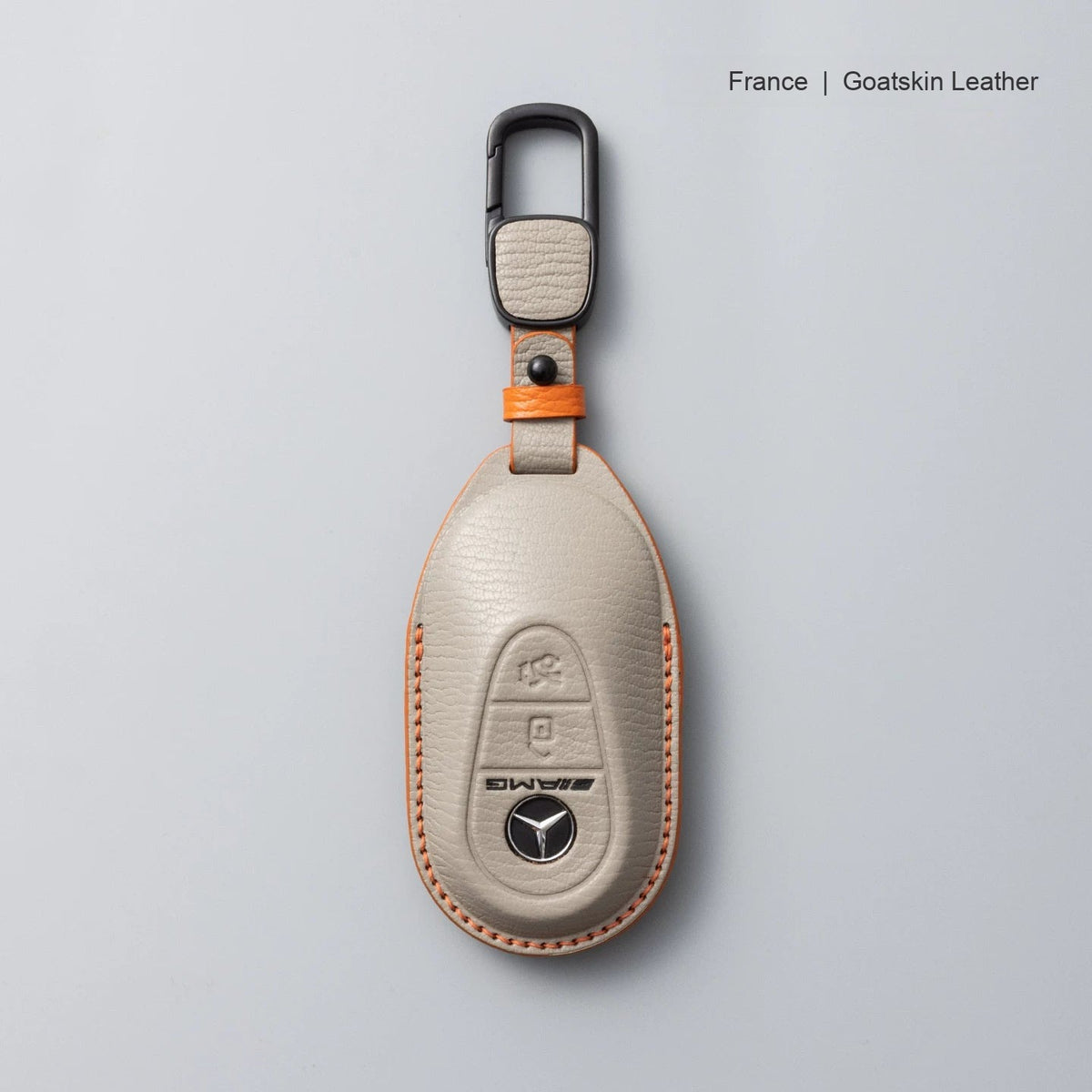 Mercedes-Benz goatskin leather key case, Style B, Dove Gray, Carabiner Clip