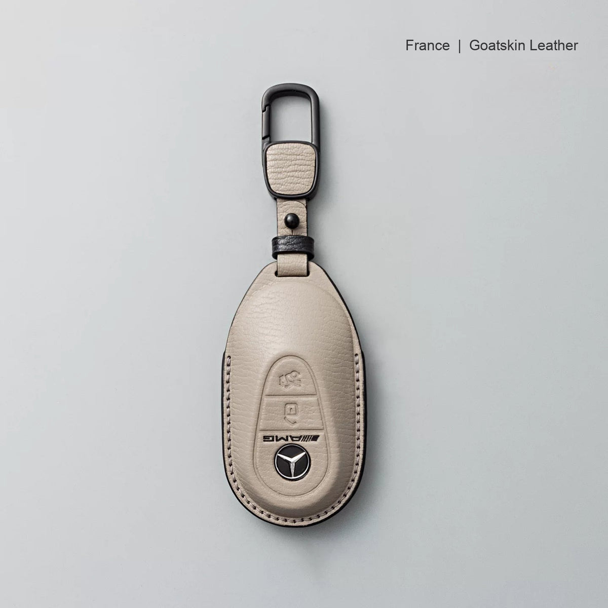Mercedes-Benz goatskin leather key case, Style B, Gray with Black, Carabiner Clip