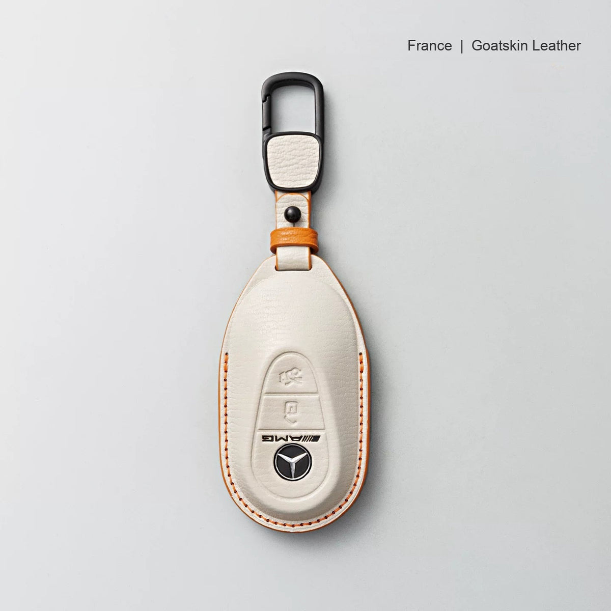 Mercedes-Benz goatskin leather key case, Style B, Cream White, Carabiner Clip