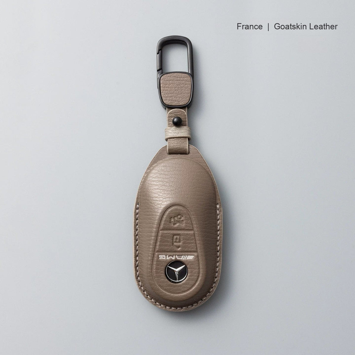 Mercedes-Benz goatskin leather key case, Style B, Taupe, Carabiner Clip