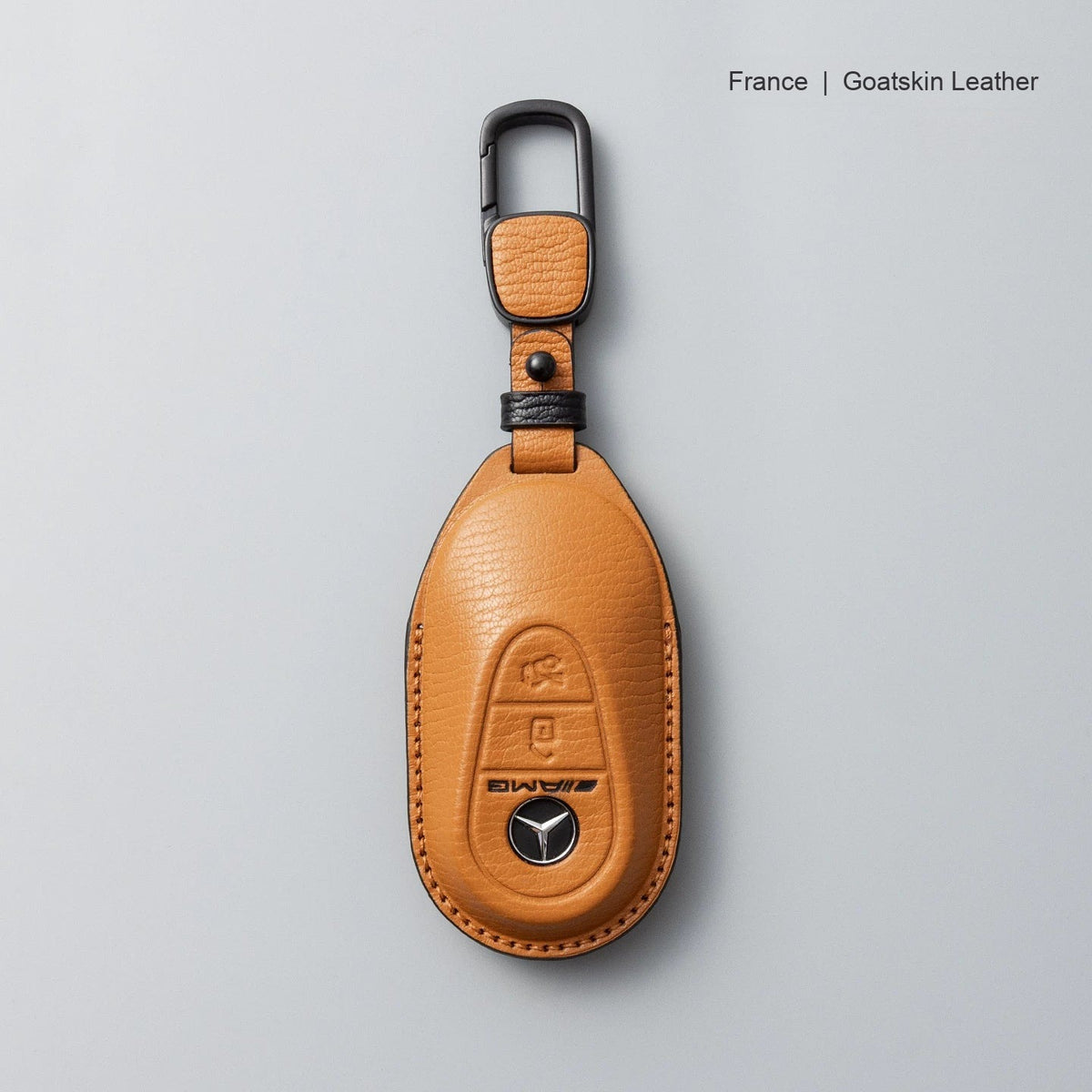 Mercedes-Benz goatskin leather key case, Style B, Caramel Brown, Carabiner Clip