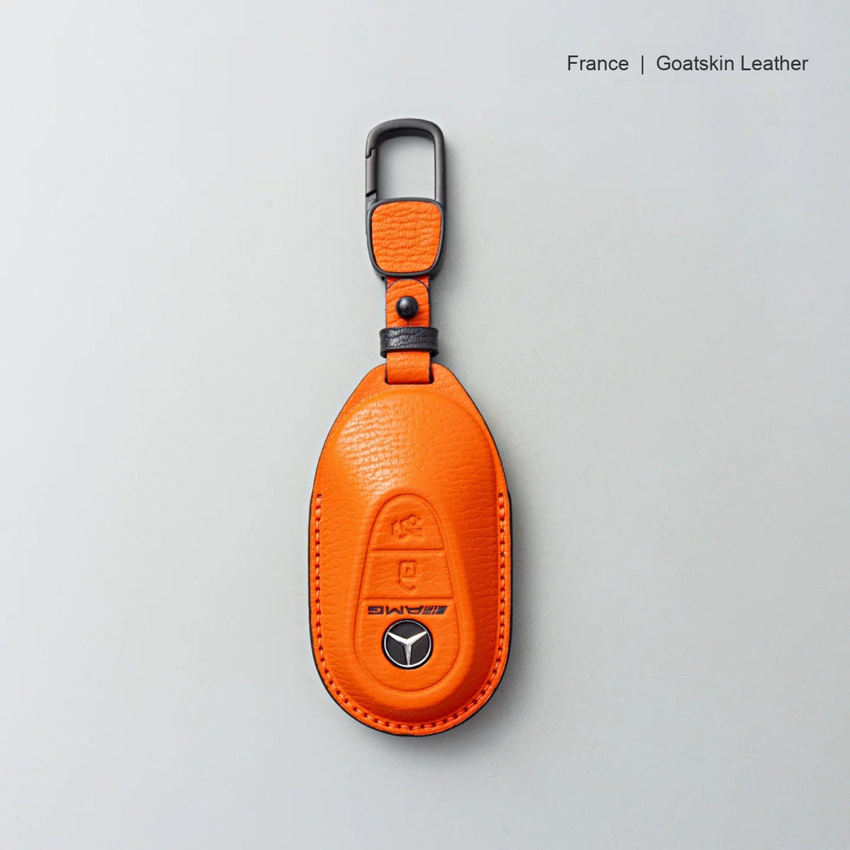 Mercedes-Benz goatskin leather key case, Style B, Vivid Orange, Carabiner Clip
