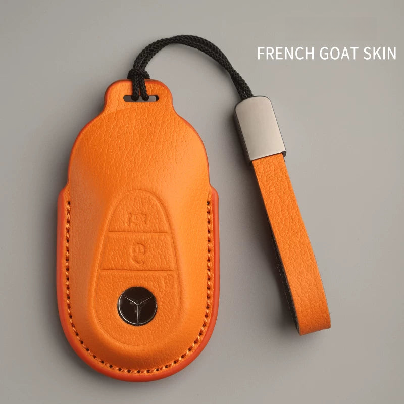 Mercedes-Benz French goatskin key case – Style A, Orange, Leather Strap