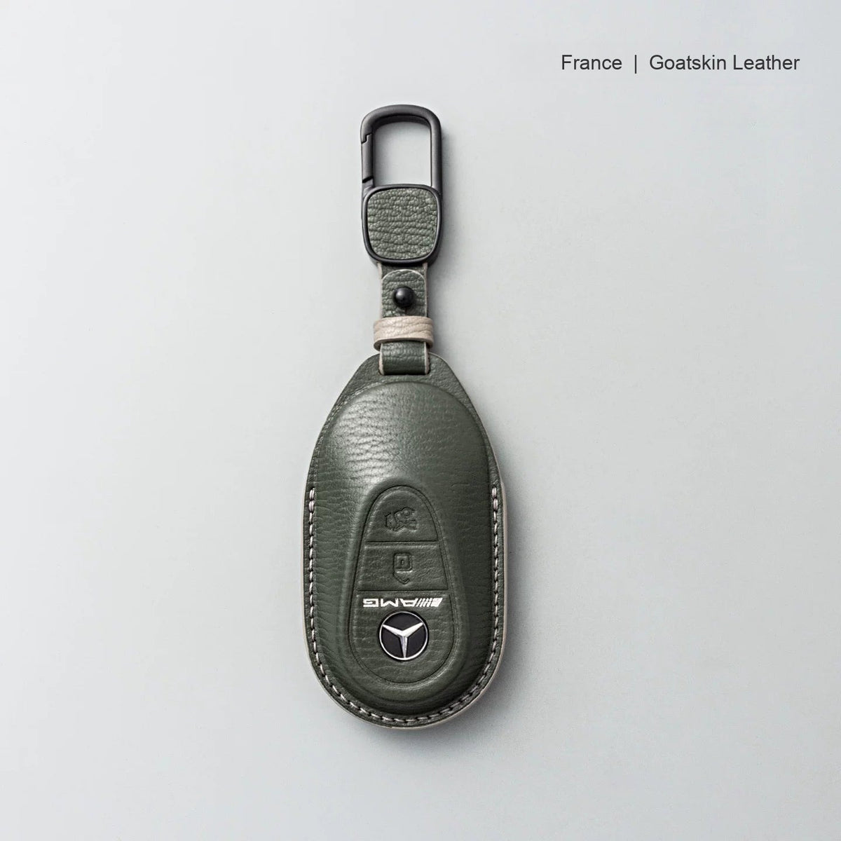 Mercedes-Benz goatskin leather key case, Style B, Olive Green, Carabiner Clip