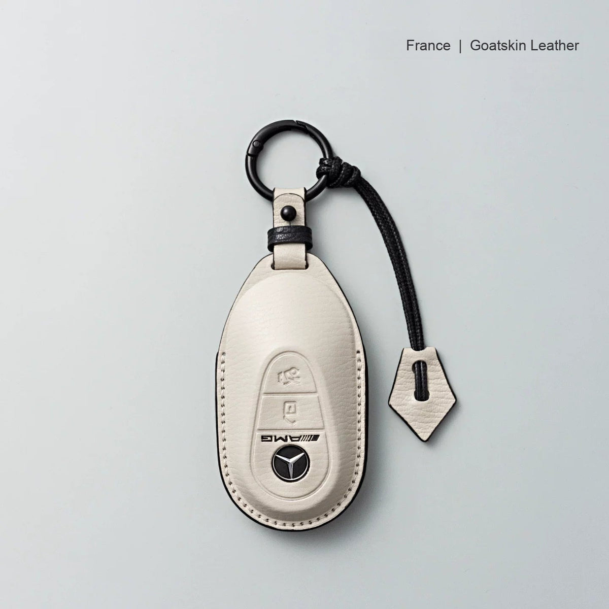Mercedes-Benz goatskin leather key case, Style B, White with Black, Key Ring + Lanyard