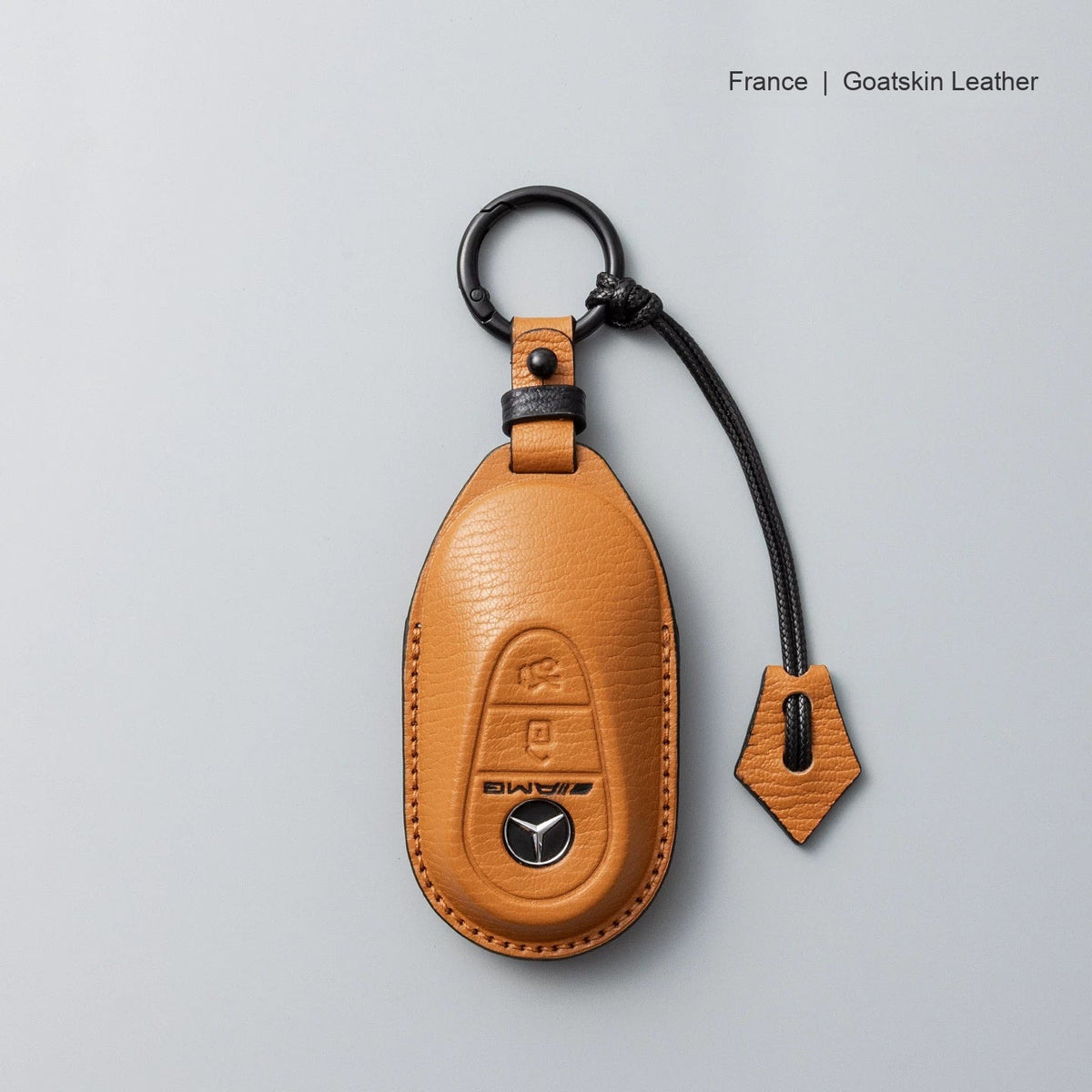 Mercedes-Benz goatskin leather key case, Style B, Caramel Brown, Key Ring + Lanyard