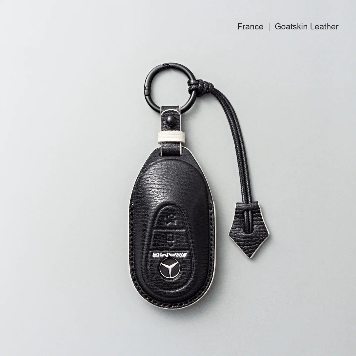 Mercedes-Benz goatskin leather key case, Style B, Black with White, Key Ring + Lanyard