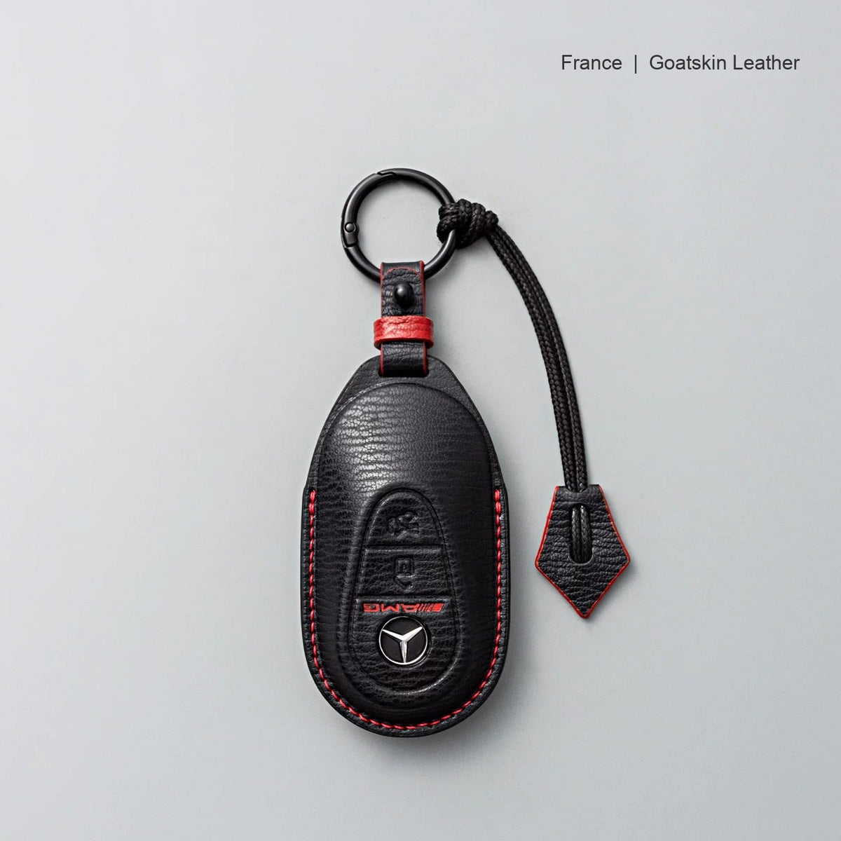 Mercedes-Benz goatskin leather key case, Style B, Black with Red, Key Ring + Lanyard