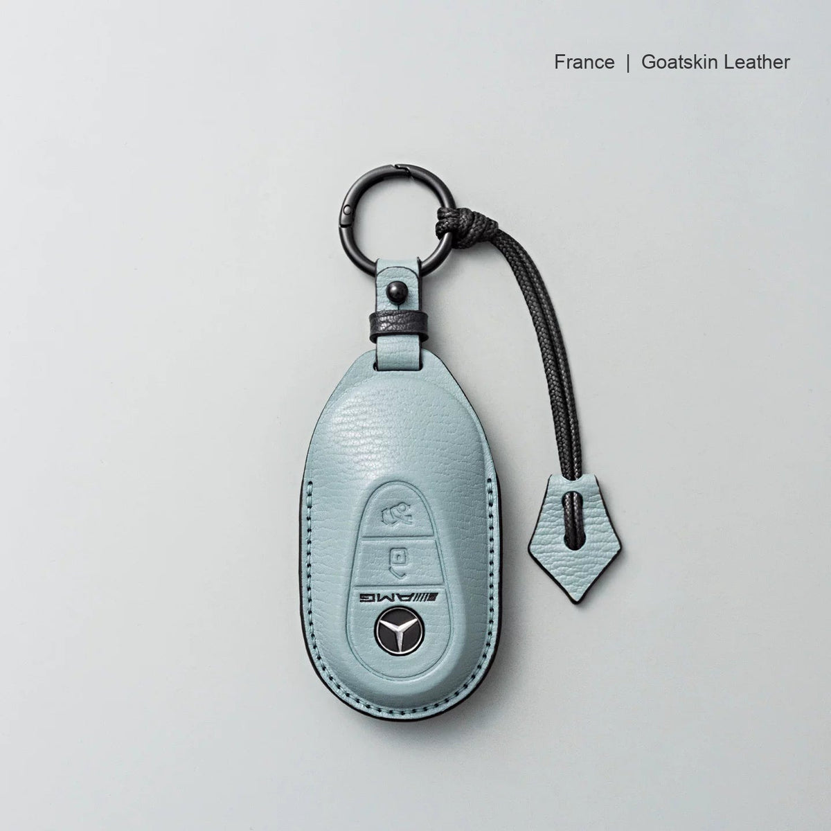 Mercedes-Benz goatskin leather key case, Style B, Mist Blue, Key Ring + Lanyard