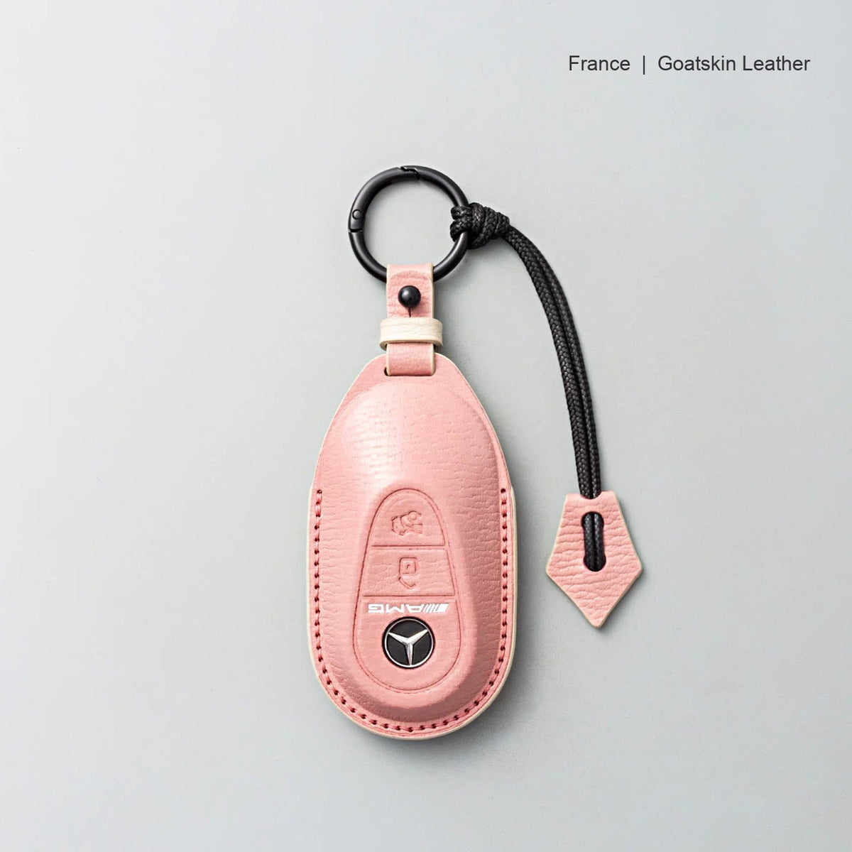 Mercedes-Benz goatskin leather key case, Style B, Sakura Pink, Key Ring + Lanyard