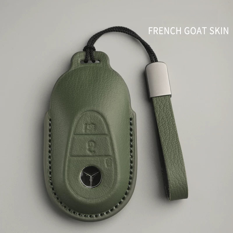 Mercedes-Benz French goatskin key case – Style A, Olive Green, Leather Strap