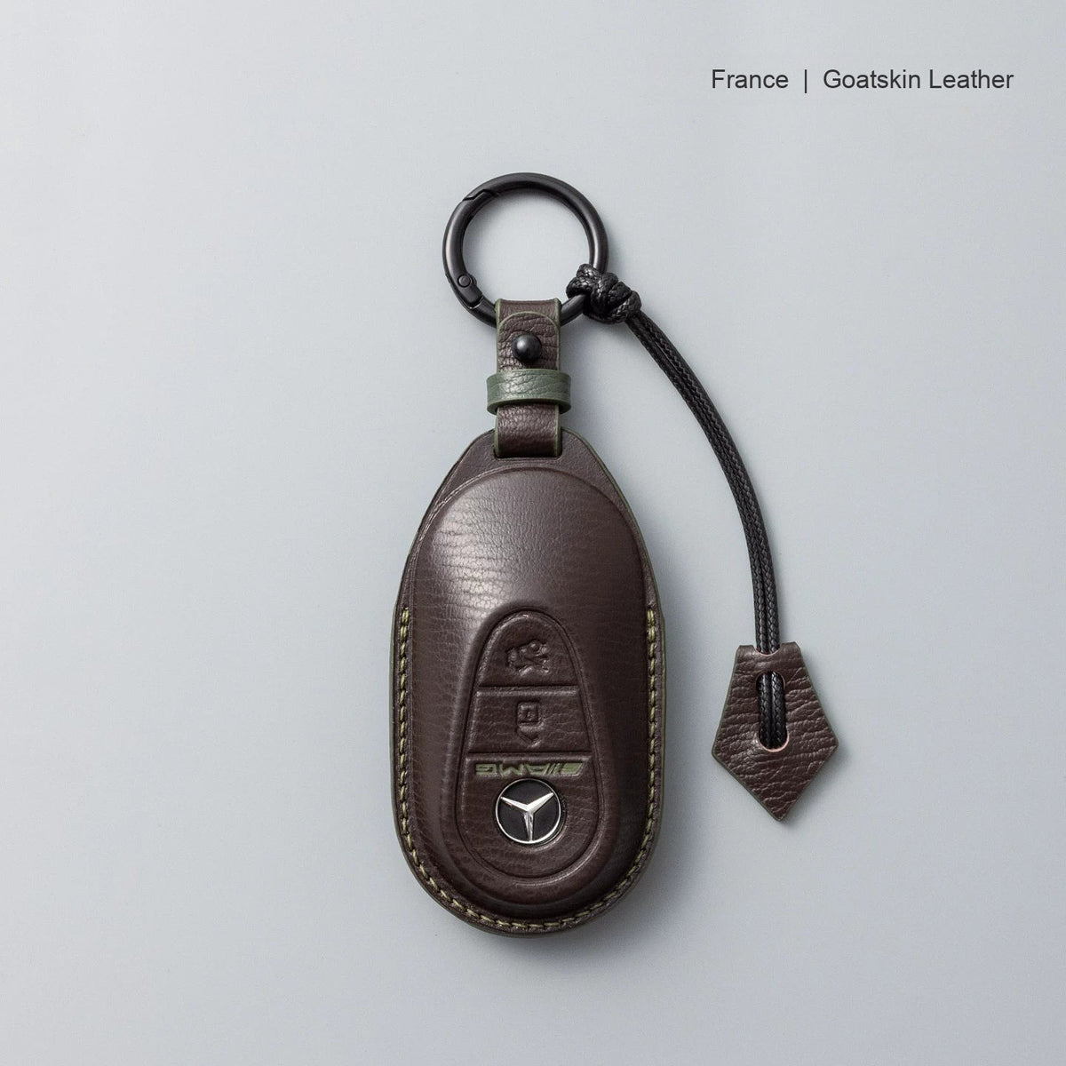 Mercedes-Benz goatskin leather key case, Style B, Mocha Brown, Key Ring + Lanyard