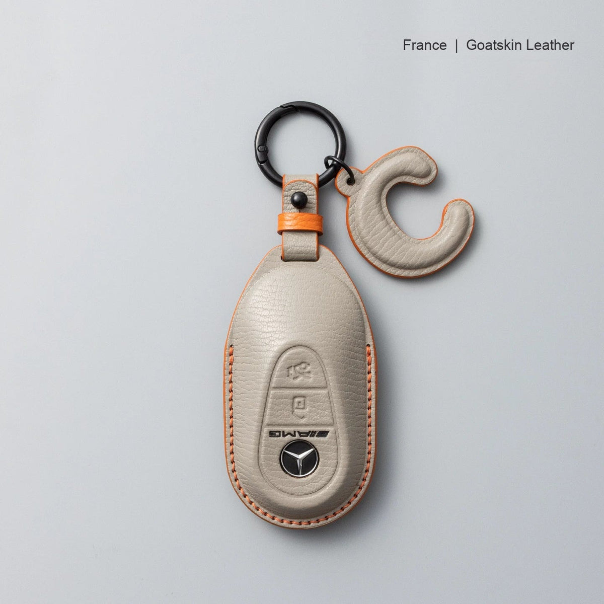 Mercedes-Benz goatskin leather key case, Style B, Dove Gray, Key Ring + Initial Letter Charm