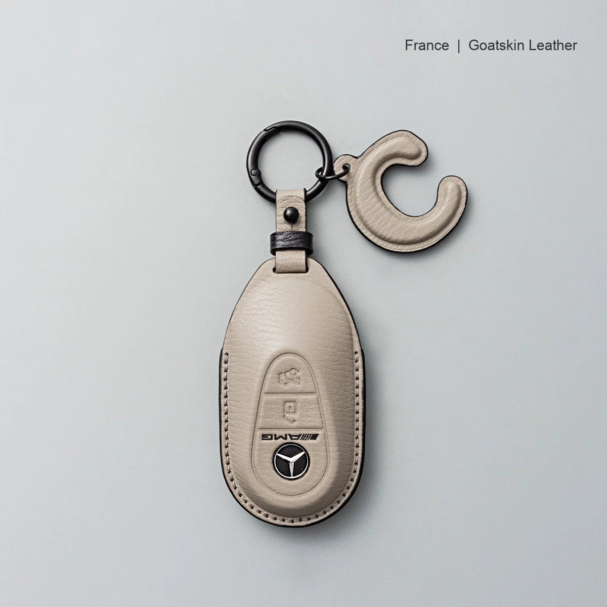 Mercedes-Benz goatskin leather key case, Style B, Gray with Black, Key Ring + Initial Letter Charm