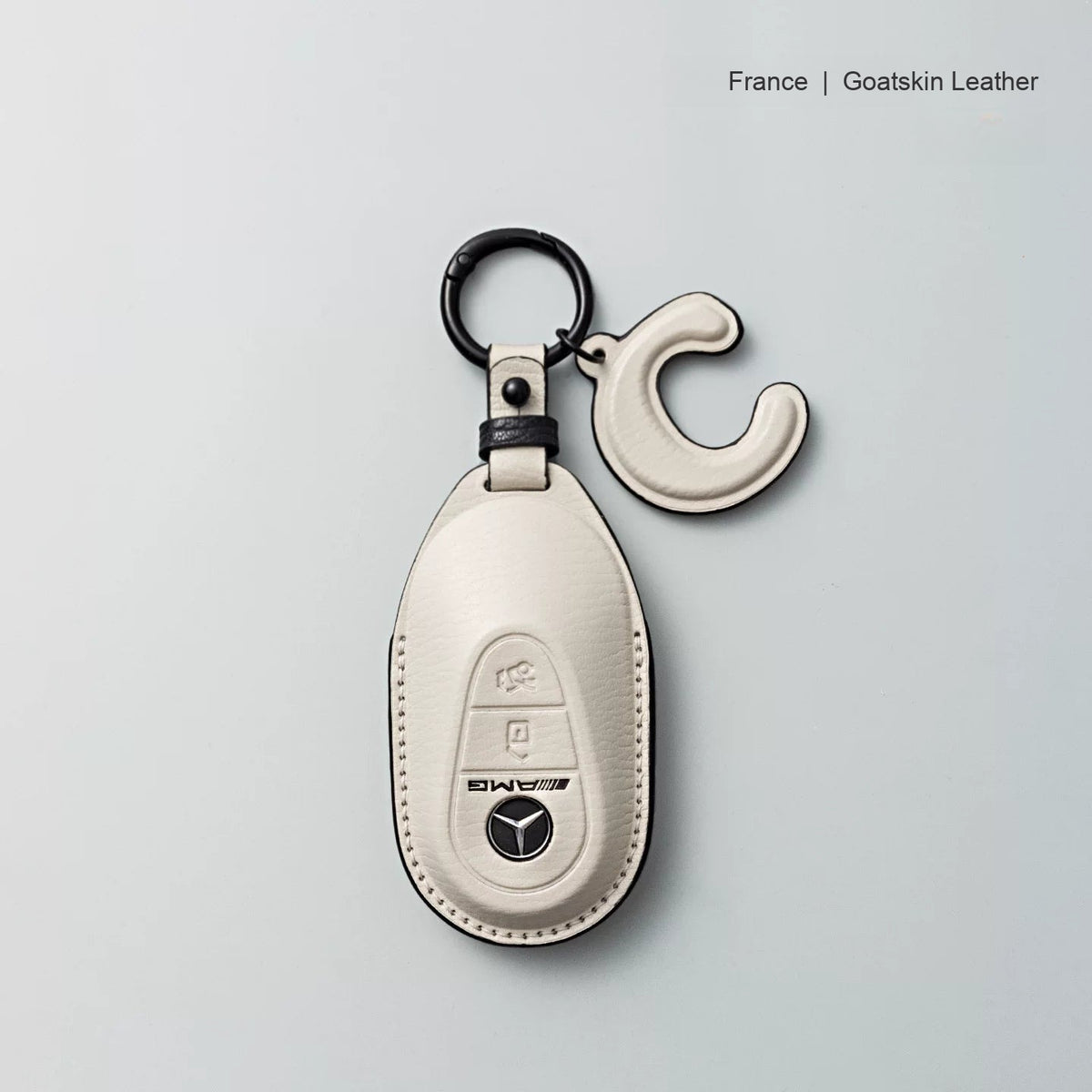 Mercedes-Benz goatskin leather key case, Style B, White with Black, Key Ring + Initial Letter Charm