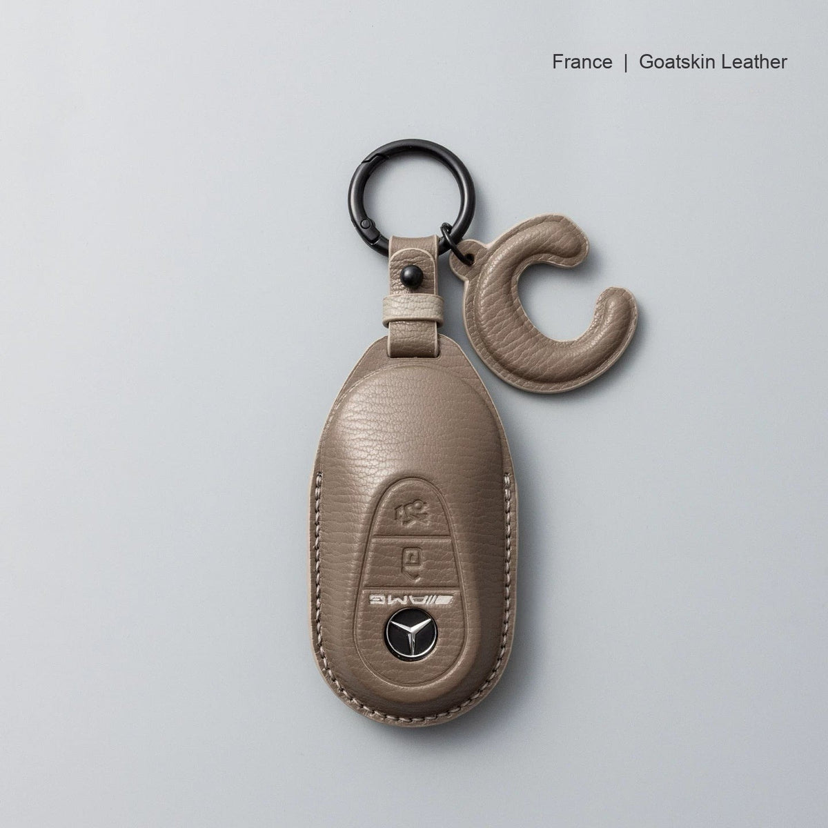 Mercedes-Benz goatskin leather key case, Style B, Taupe, Key Ring + Initial Letter Charm