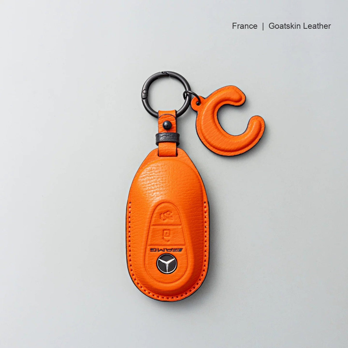 Mercedes-Benz goatskin leather key case, Style B, Vivid Orange, Key Ring + Initial Letter Charm