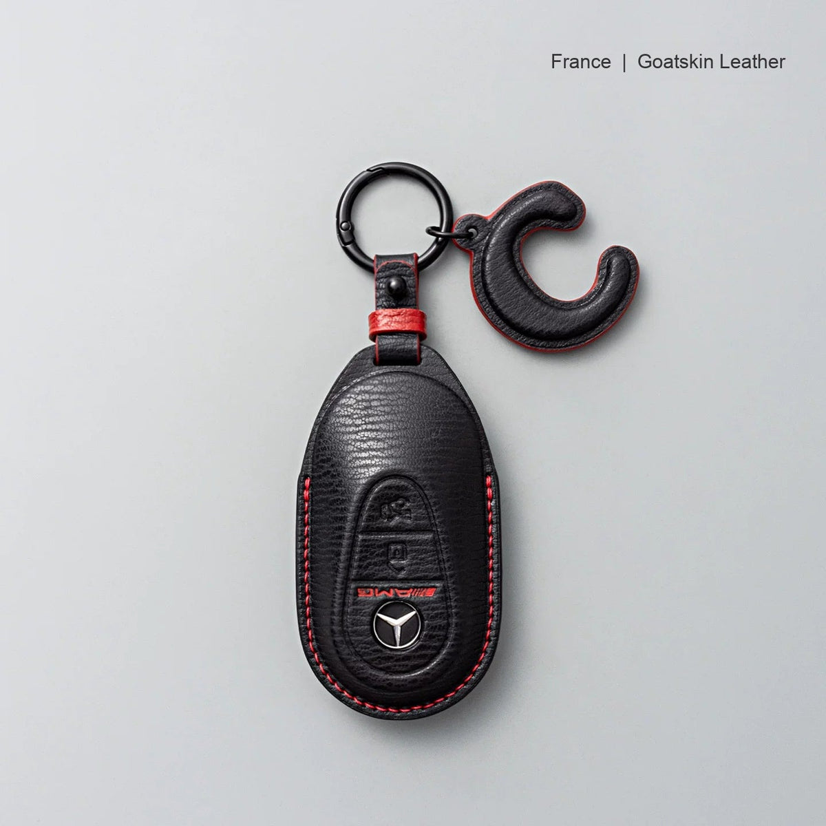 Mercedes-Benz goatskin leather key case, Style B, Black with Red, Key Ring + Initial Letter Charm