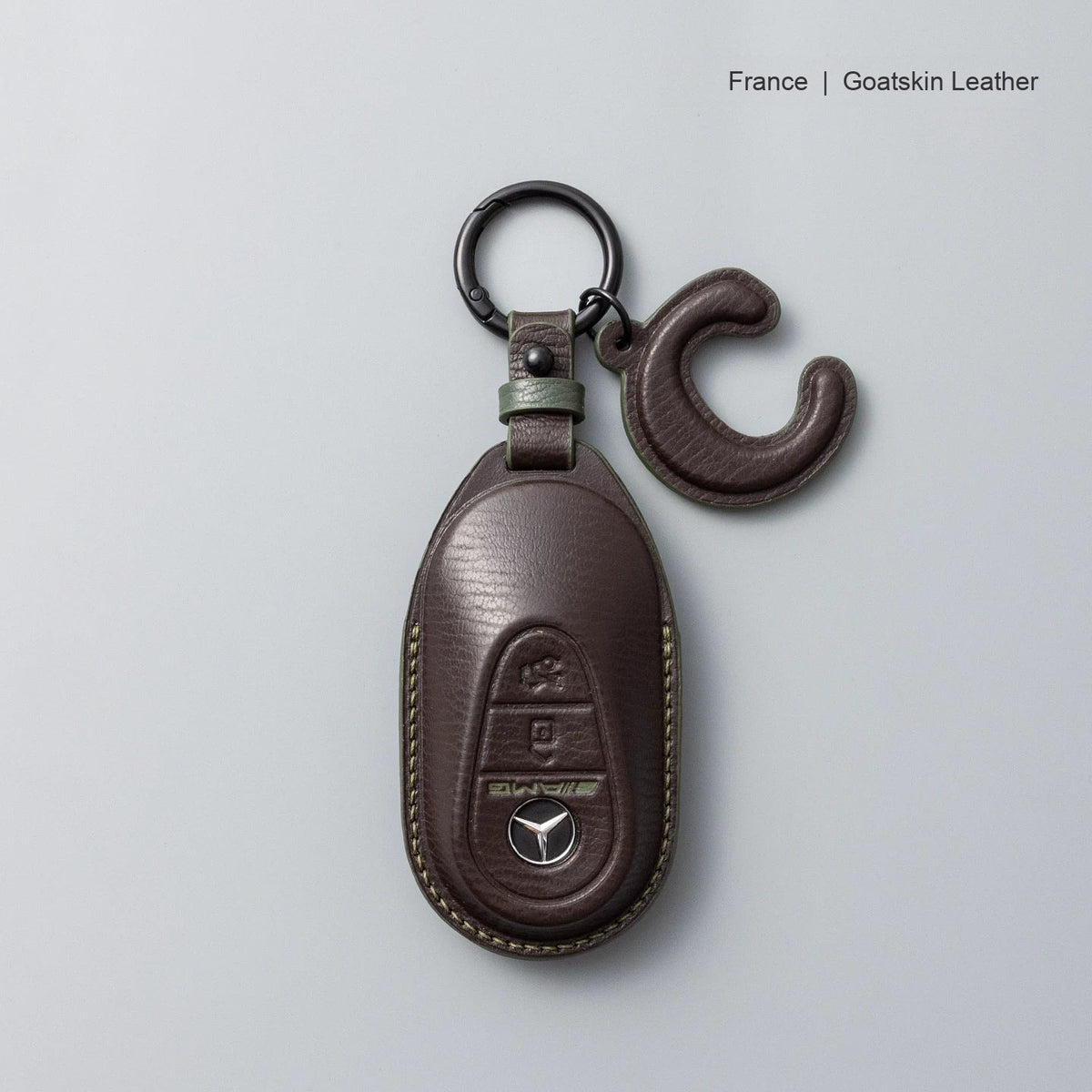 Mercedes-Benz goatskin leather key case, Style B, Mocha Brown, Key Ring + Initial Letter Charm