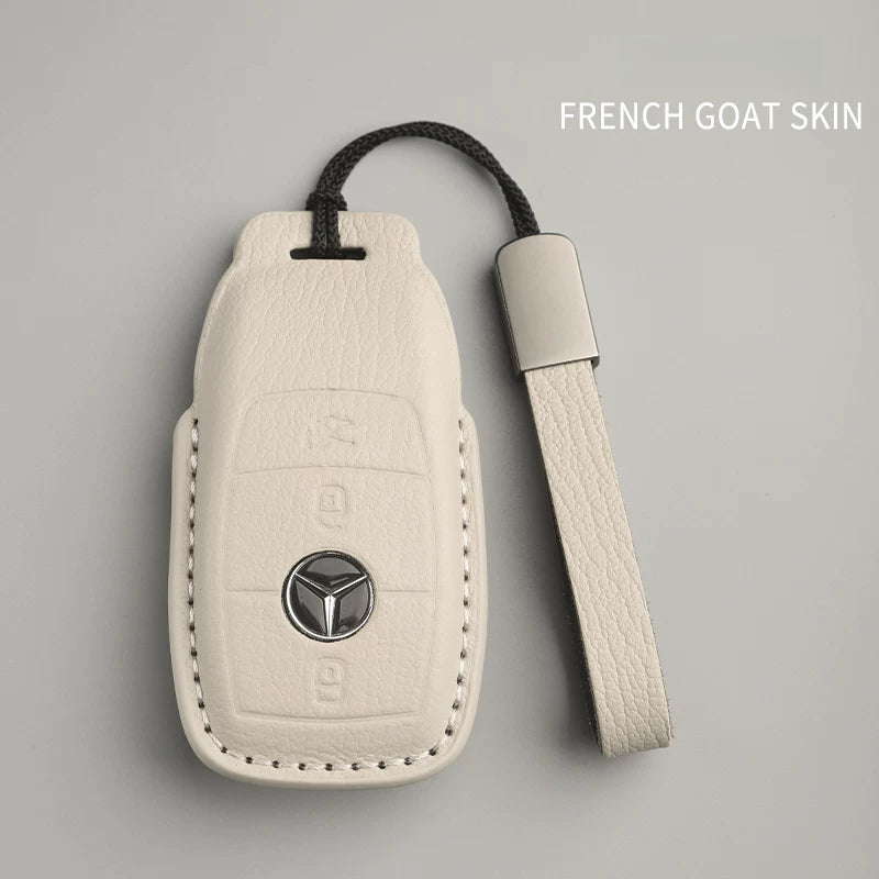 Mercedes-Benz French goatskin key case – Style B, Ivory, Leather Strap