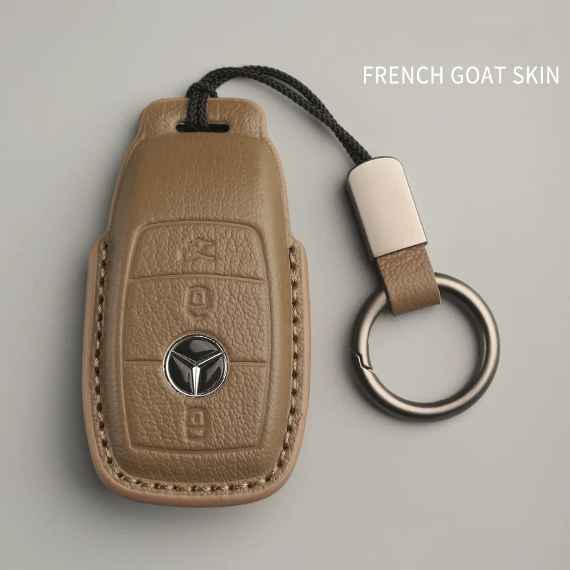 Mercedes-Benz French goatskin key case – Style B, Taupe Gray, Key Ring