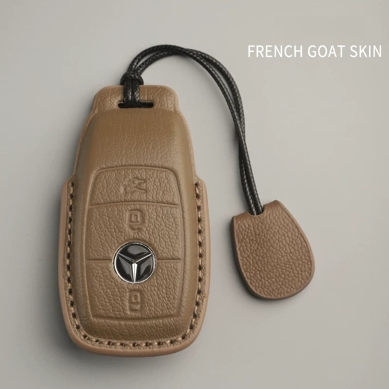 Mercedes-Benz French goatskin key case – Style B, Taupe Gray, Cord Lanyard